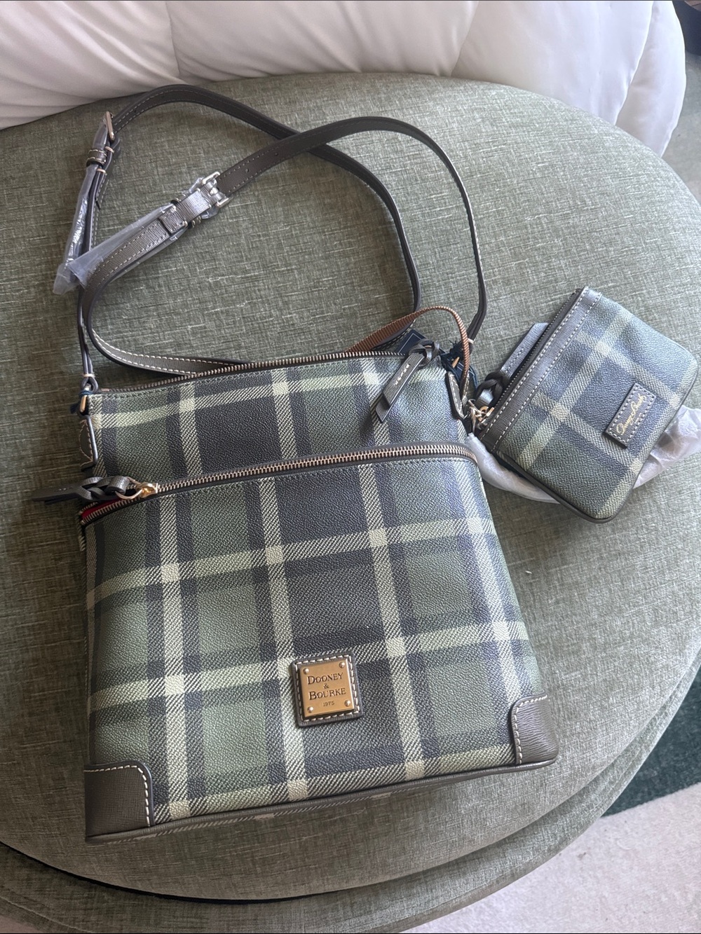 Dooney & Bourke Green Plaid Coated Canvas Crossbody with Coin Pouch